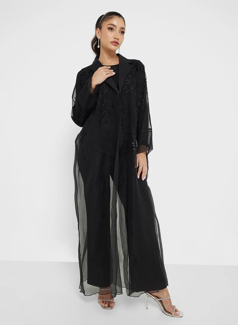 hayas closet Embellished Mesh Abaya with Sheila