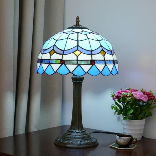 Blivuself Tiffany Table Lamp Stained Glass Lamp Mediterranean Blue Bedroom Table lamp Reading Desk Light for Bedside Living Room Office Dormitory Dining Room Decorate Housewarming Gift 12X12X18 inches - Image 3