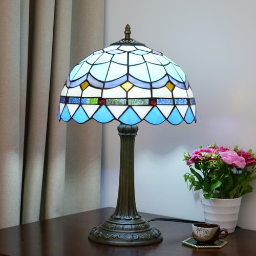 Blivuself Tiffany Table Lamp Stained Glass Lamp Mediterranean Blue Bedroom Table lamp Reading Desk Light for Bedside Living Room Office Dormitory Dining Room Decorate Housewarming Gift 12X12X18 inches - Image 2