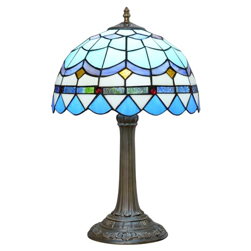 Blivuself Tiffany Table Lamp Stained Glass Lamp Mediterranean Blue Bedroom Table lamp Reading Desk Light for Bedside Living Room Office Dormitory Dining Room Decorate Housewarming Gift 12X12X18 inches - Image 1