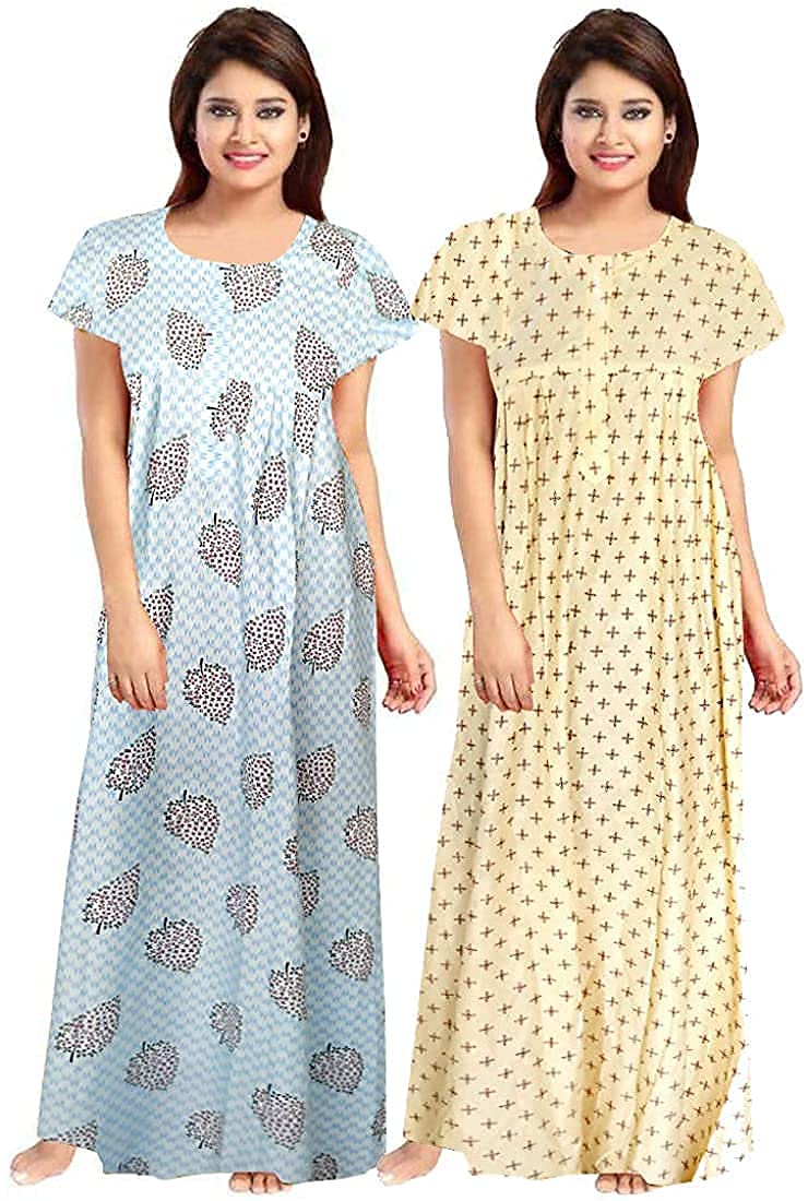 NEGLIGEE Women's Cotton Printed Maxi Nightgown Nighty for Women Ankle Length Night Dress - Pack of 2 (Free Size, 8 Beige & Creame) - Image 1