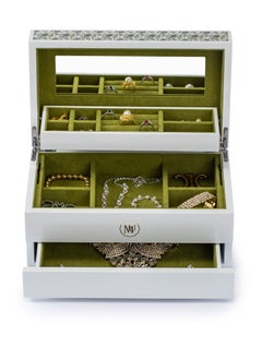 l'elefante Luxury Multi-Layer Jewelry Organizer Box with Mirror – White Wooden Jewelry Storage Case with Green Velvet Lining – Compartments for Rings, Earrings, Necklaces & Bracelets – Gift for Women  - Image 2