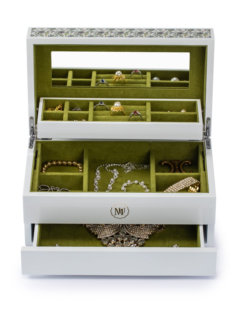 l'elefante Luxury Multi-Layer Jewelry Organizer Box with Mirror – White Wooden Jewelry Storage Case with Green Velvet Lining – Compartments for Rings, Earrings, Necklaces & Bracelets – Gift for Women  - Image 2