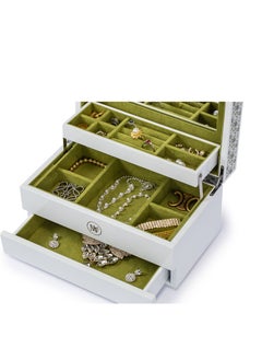 l'elefante Luxury Multi-Layer Jewelry Organizer Box with Mirror – White Wooden Jewelry Storage Case with Green Velvet Lining – Compartments for Rings, Earrings, Necklaces & Bracelets – Gift for Women  - Image 1