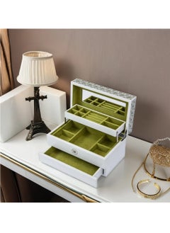 l'elefante Luxury Multi-Layer Jewelry Organizer Box with Mirror – White Wooden Jewelry Storage Case with Green Velvet Lining – Compartments for Rings, Earrings, Necklaces & Bracelets – Gift for Women  - Image 5