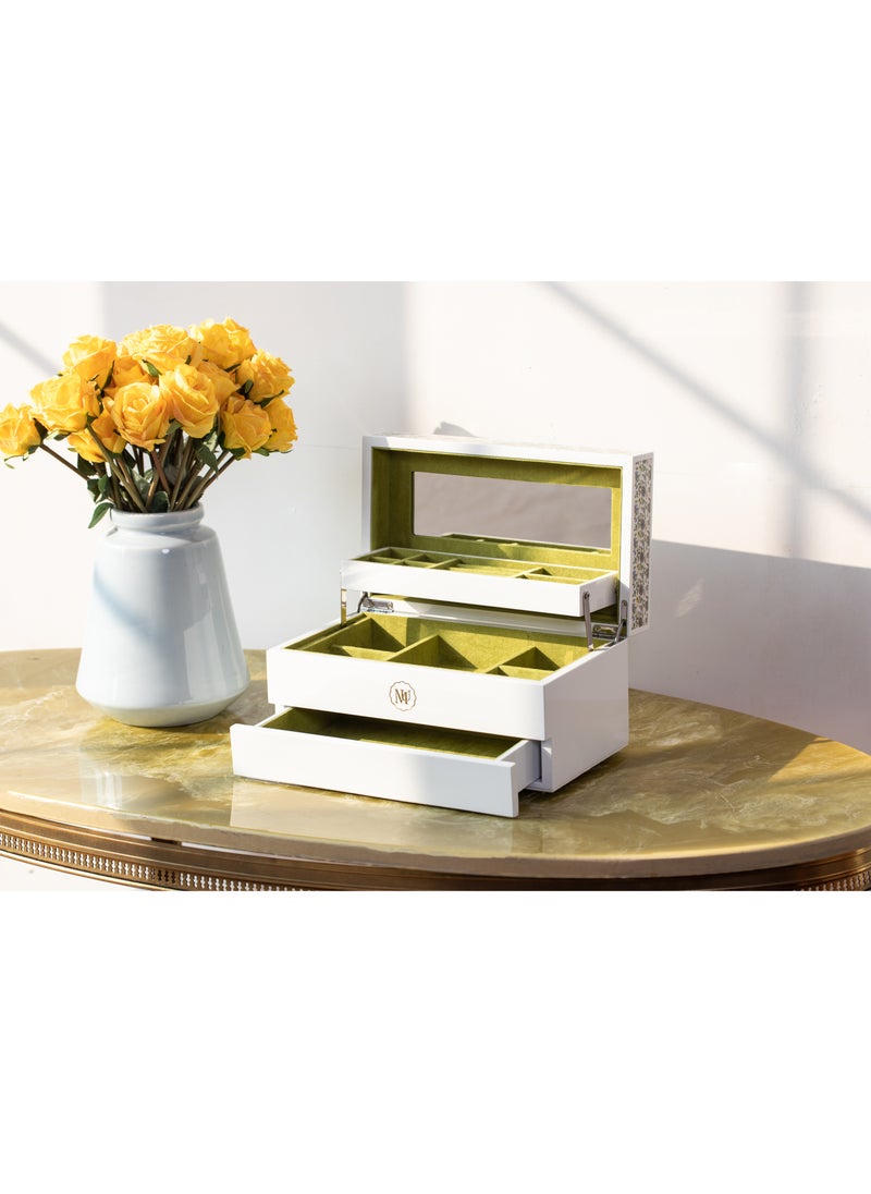 l'elefante Luxury Multi-Layer Jewelry Organizer Box with Mirror – White Wooden Jewelry Storage Case with Green Velvet Lining – Compartments for Rings, Earrings, Necklaces & Bracelets – Gift for Women  - Image 4
