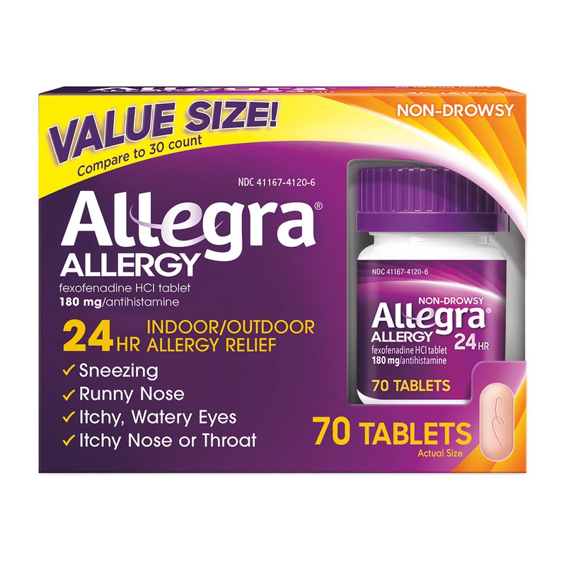 Allegra أليغرا للبالغين 24 ساعة مضاد للهستامين غير مسبب للنعاس، 70 قرص، تخفيف سريع لأعراض الحساسية، 180 ملغ - Image 1