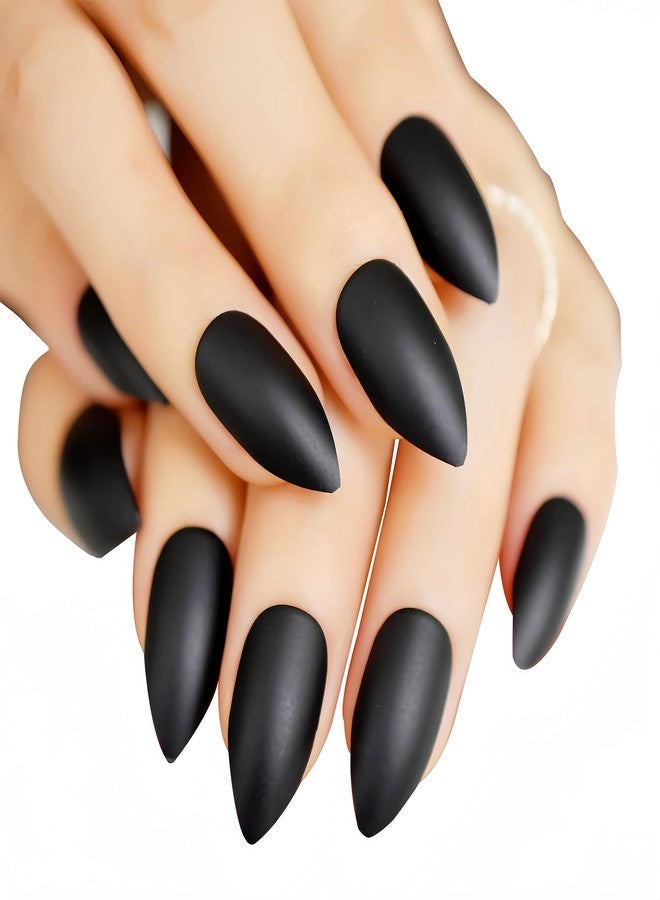 JINDIN Black Fake Nails Stiletto Matte False Nails Medium Long Full Cover Press On False Nails Tips Acrylic Nail Tips Stick On Nails for Women and Girls 24 Sheet - Image 1