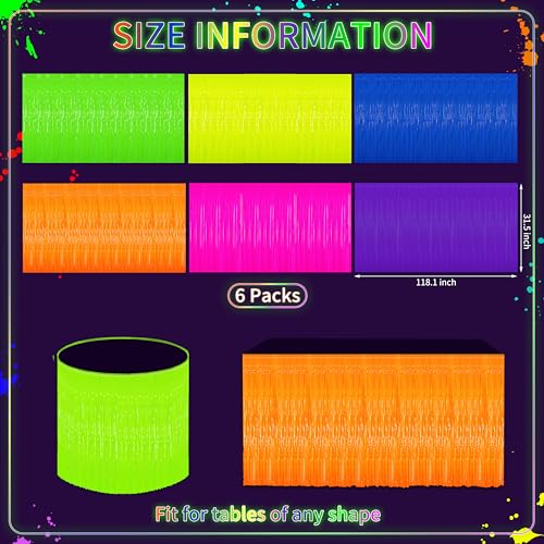 Fayoo Glow in the Dark Party Supplies - 6Pack Neon Tinsel Fringe Table Skirts Party Decoration， 31.5"x118" UV Reactive & Fluorescent Neon Streamers for Birthday, Rave, Blacklight & Glow Event - Image 2