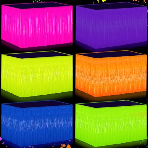 Fayoo Glow in the Dark Party Supplies - 6Pack Neon Tinsel Fringe Table Skirts Party Decoration， 31.5"x118" UV Reactive & Fluorescent Neon Streamers for Birthday, Rave, Blacklight & Glow Event - Image 1