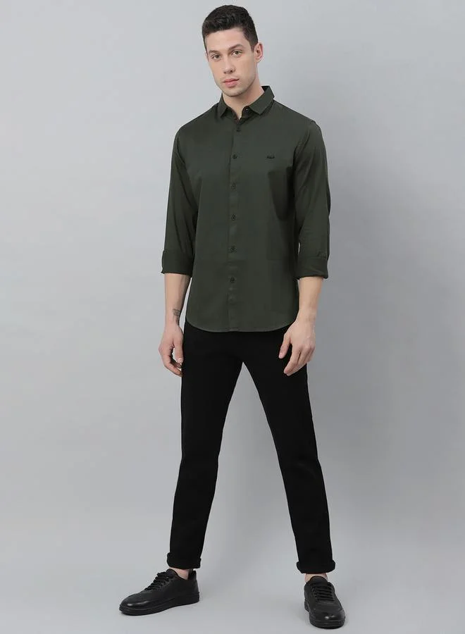 Dennis Lingo Slim Fit Green Casual Spread Shirt - 100% Cotton