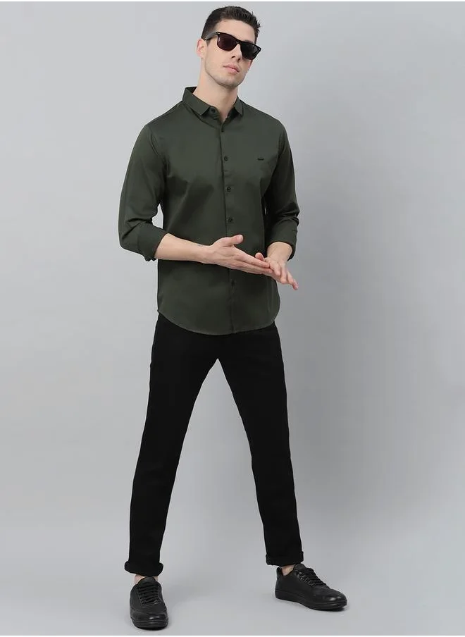 دينيس لينغو Slim Fit Green Casual Spread Shirt - 100% Cotton