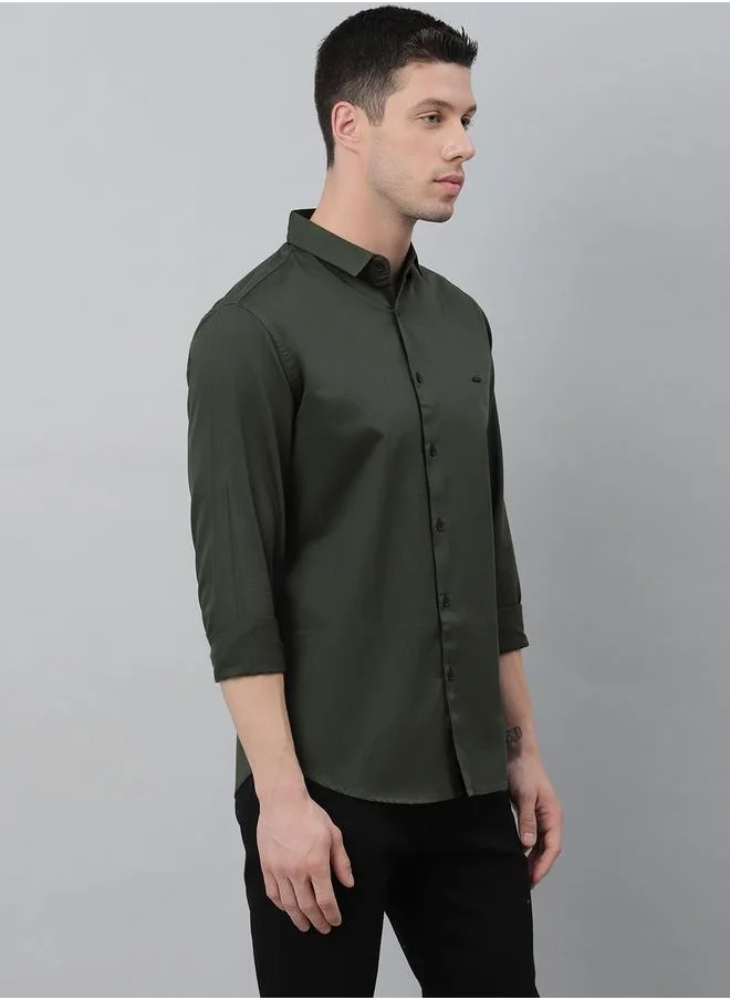 دينيس لينغو Slim Fit Green Casual Spread Shirt - 100% Cotton