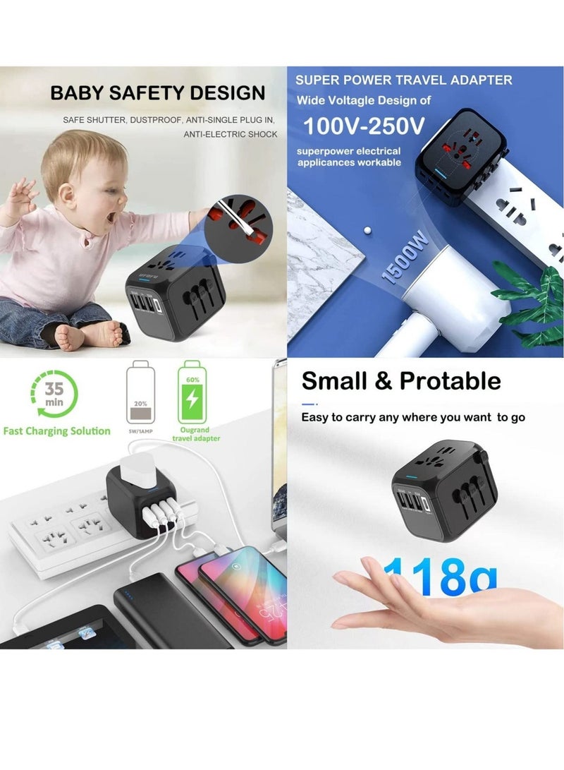 Universal Travel Adapter Plug with 3 USB & 1 Type-C Port,Fast Wall Plug Adapter Socket with UK/EU/AU/US Plugs,Multiport Charger Plug Converter - Image 3