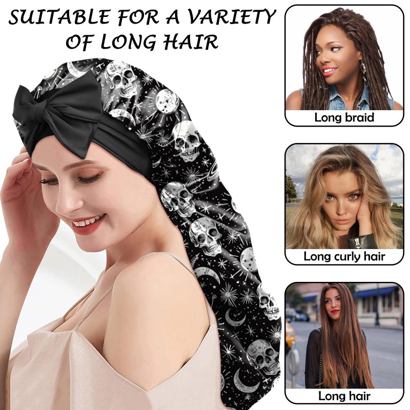 Bhahb Silk Long Satin Hair Braid Bonnet For Sleeping Adjustable Double Layer Elastic Reusable Long Hair Caps Cute Aesthetic For Women Girls-Star - Image 3