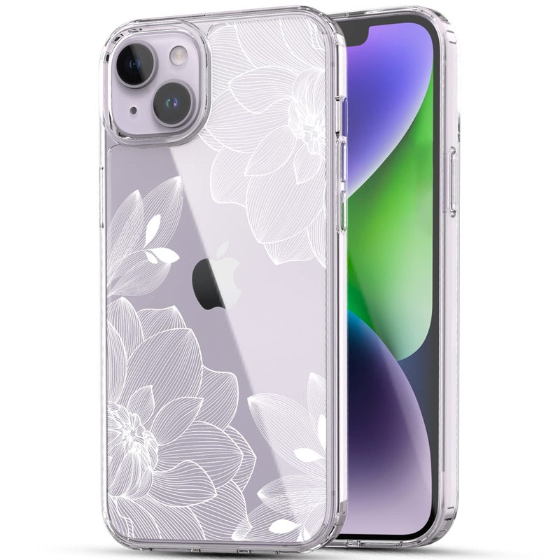 RANZ Compatible with iPhone 14 Case, Anti-Scratch Shockproof Series Clear Hard PC + TPU Bumper Protective Cover Case for iPhone 14 (6.1") - White Lace Chrysanthemum - Image 1