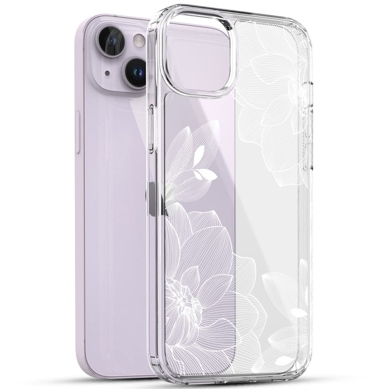 RANZ Compatible with iPhone 14 Case, Anti-Scratch Shockproof Series Clear Hard PC + TPU Bumper Protective Cover Case for iPhone 14 (6.1") - White Lace Chrysanthemum - Image 3