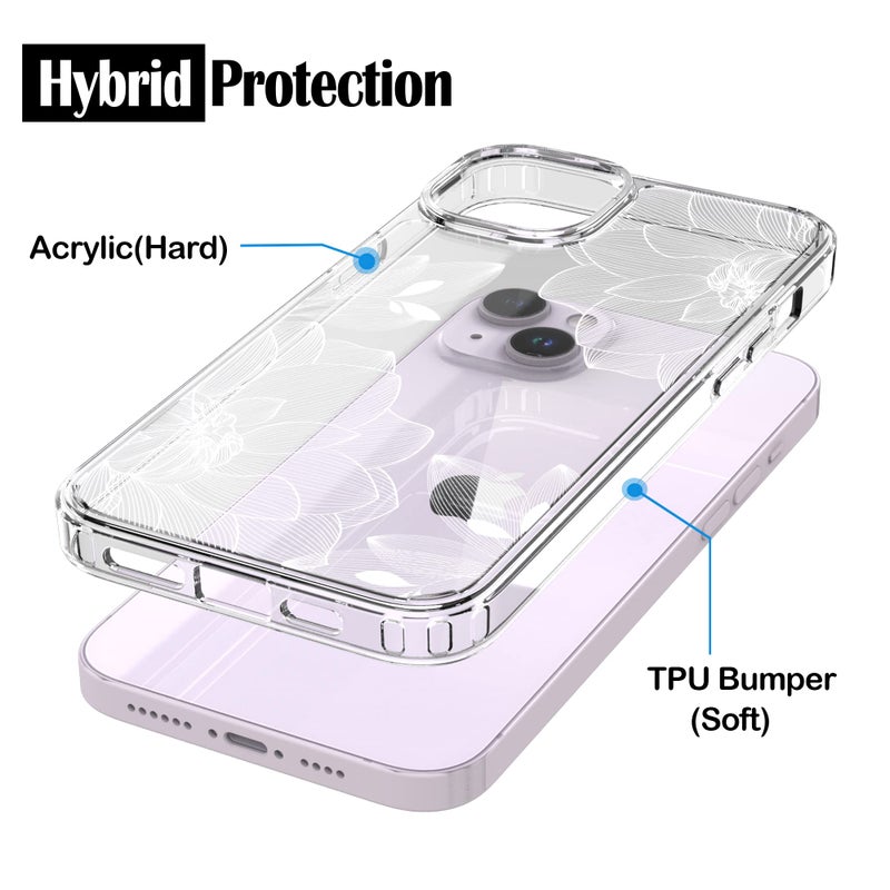 RANZ Compatible with iPhone 14 Case, Anti-Scratch Shockproof Series Clear Hard PC + TPU Bumper Protective Cover Case for iPhone 14 (6.1") - White Lace Chrysanthemum - Image 4