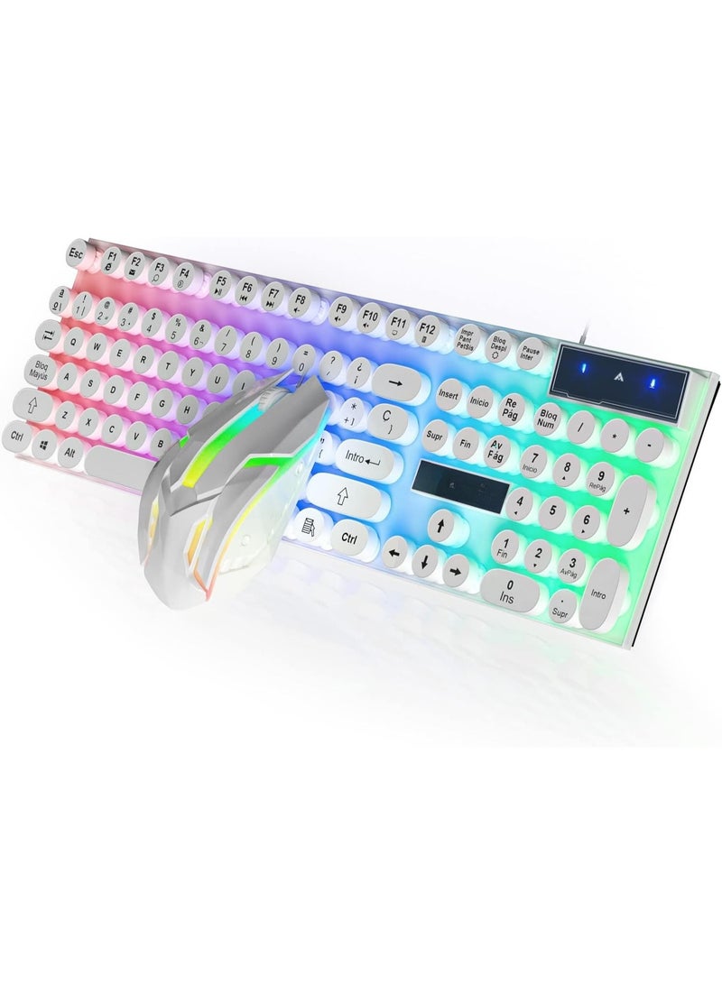 Gaming Keyboard and Mouse Kit, Wired Keyboard with ñ Key, RGB Backlit Keyboard and Mouse Combo for Gaming and Work, Compatible with PC Windows 7/8/10 or Mac (White)