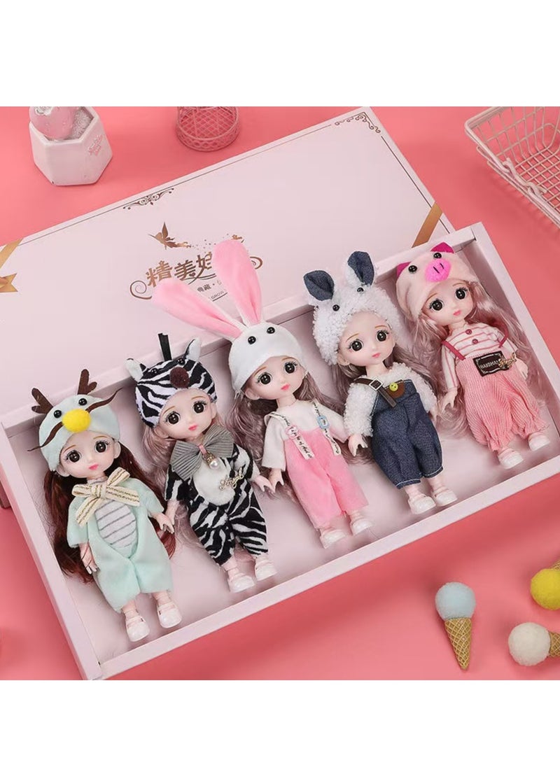 17 cm small doll princess gift box set children's girl clothes changeable dress-up Fashion Dolls Collection Set, 5 Pieces with Different Outfits, Pink Gift Box Girl gift (mew)  - Image 1