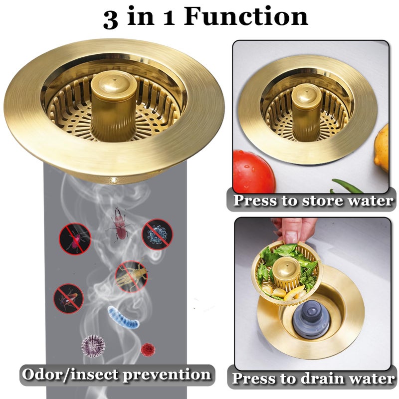 BAOLSLS Kitchen Sink Drain Strainer, 3 in 1 Pop up Kitchen Sink Stopper, with an Extra Basket Strainer, for US Standard 3-1/2 Inch Drain, Copper Material, Brushed Gold - Image 2