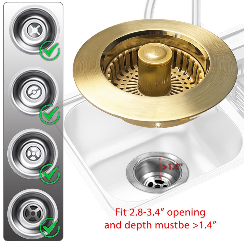 BAOLSLS Kitchen Sink Drain Strainer, 3 in 1 Pop up Kitchen Sink Stopper, with an Extra Basket Strainer, for US Standard 3-1/2 Inch Drain, Copper Material, Brushed Gold - Image 5