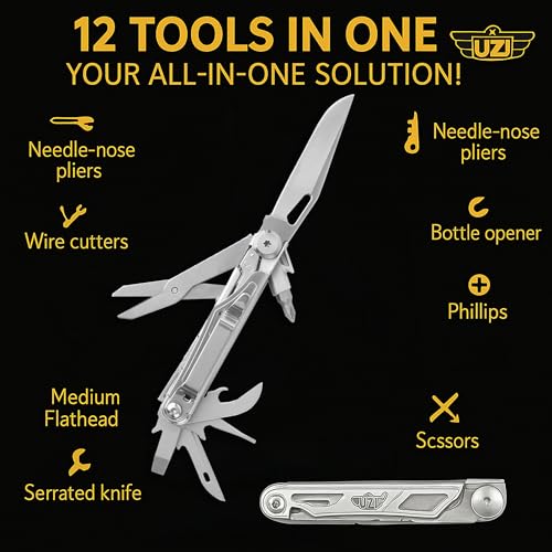 UZI Multifunctional 12-in-1 Multitool with Scissors, Glass Screwdriver, Wire Stripped, Bottle Opener, Can Opener & More - Stainless Steel Multi Tool Pocket Knife for Camping Fishing Survival Hunting - Image 2