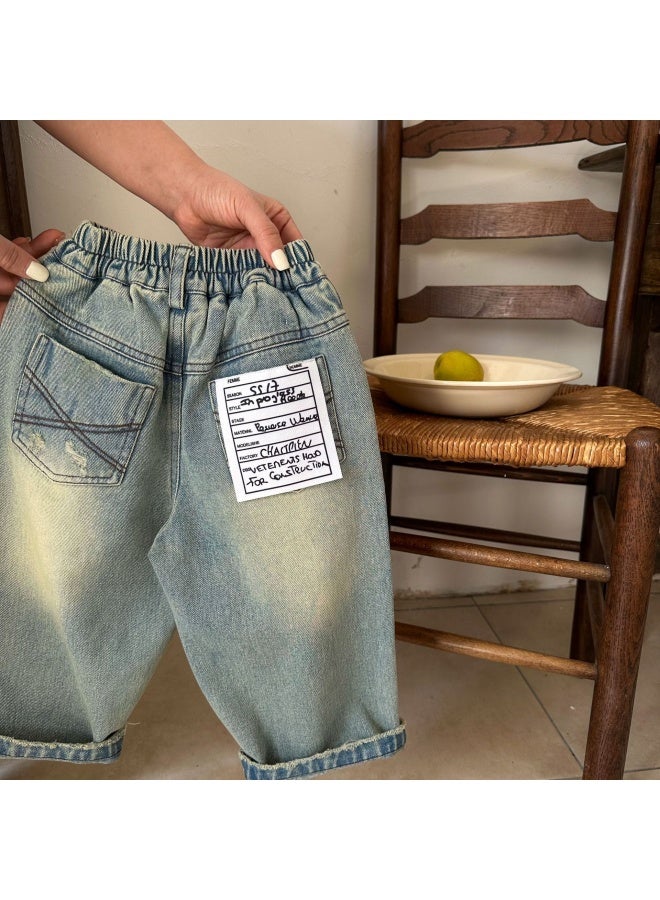 Children's Long Pants 2026 Squinting Eyes Spring Boys And Girls Korean Style Ripped Jeans Baby Versatile Straight-leg Pants