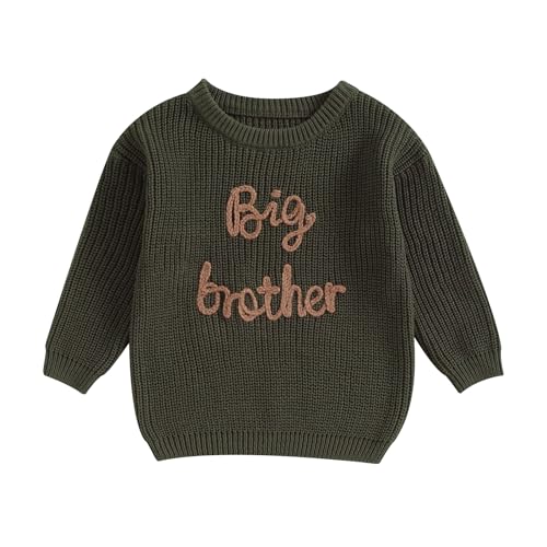 Dcohmch Big Brother Little Brother Matching Outfits Letter Embroidery Knit Sweater Shirt Baby Boy Winter Warm Clothes (Army Green Big Bro, 12-18 Months) - Image 1