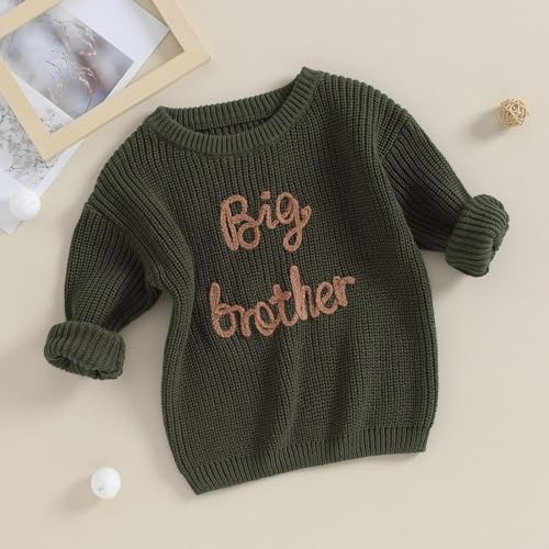 Dcohmch Big Brother Little Brother Matching Outfits Letter Embroidery Knit Sweater Shirt Baby Boy Winter Warm Clothes (Army Green Big Bro, 12-18 Months) - Image 3