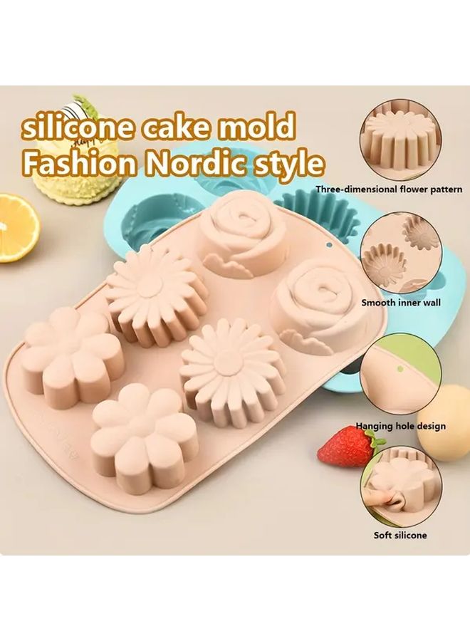 Nordic Green 6 Cavity Silicone Cake Mold For Air Fryer Flower Shaped Muffin Pan - Image 1