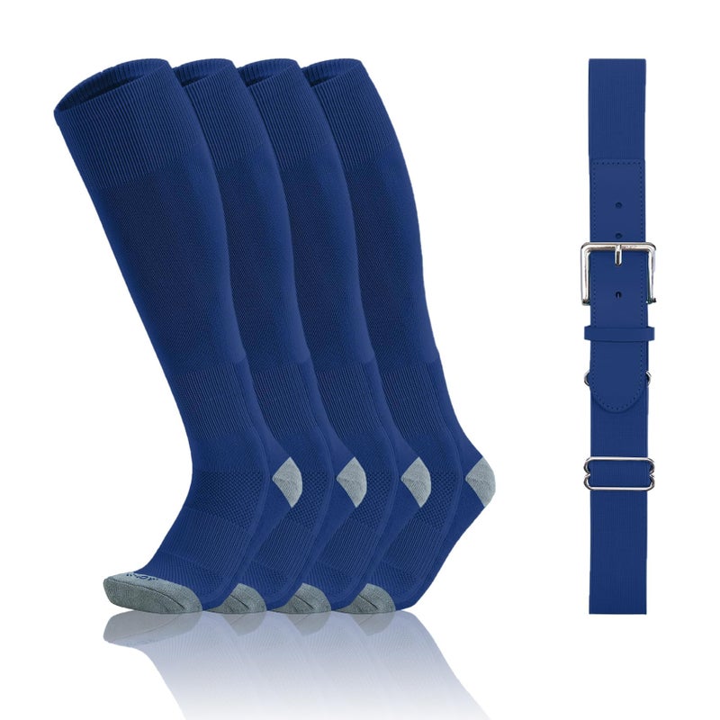 QBK Toddler Baseball Socks And Belt Youth Softball Tee Ball Combo Set for Boy Girl (2 Pairs of Socks & 1 Belt) Royal Blue 5-7T - Image 1