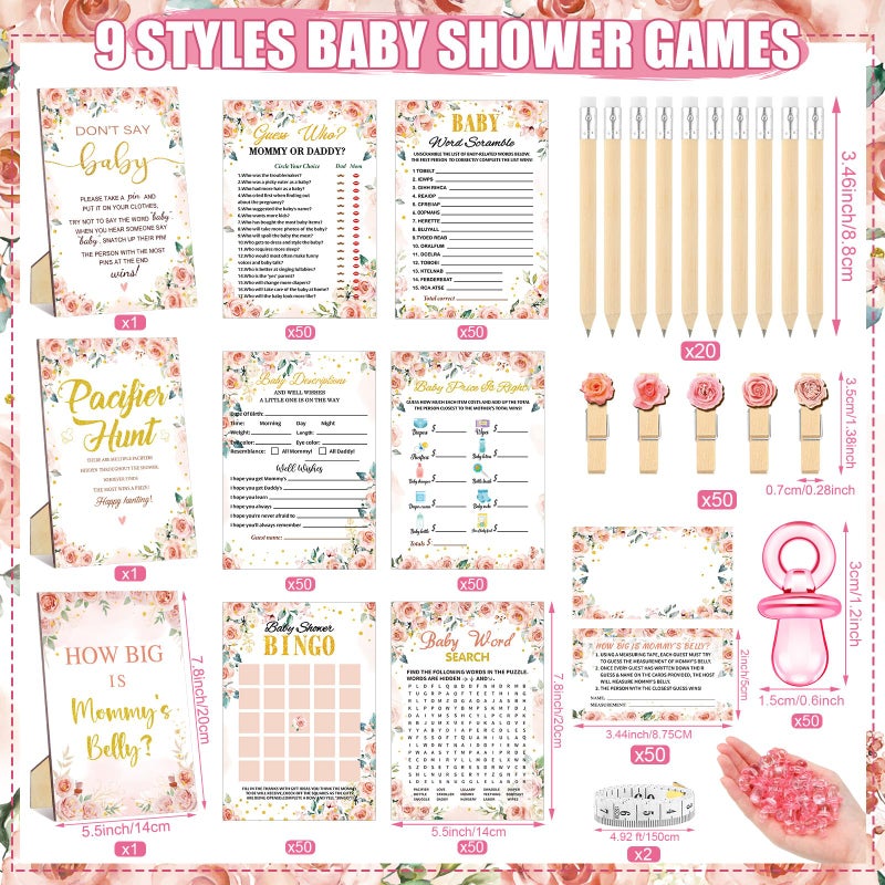 Sherr 476 Floral Baby Shower Games 6 Sets Activities Floral Card Pacifier Hunt Game 50 Pacifier How Big Is Mommy Belly Sign 50 Guessing Card 2 Measuring Tape Don't Say Baby Sign 50 Clothespin - Image 3