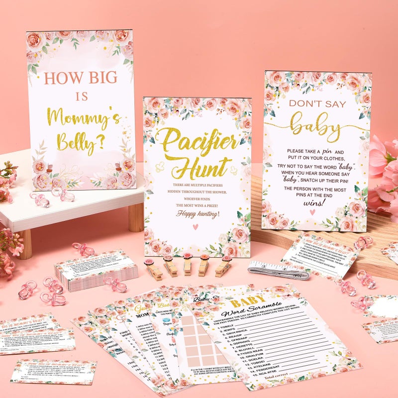 Sherr 476 Floral Baby Shower Games 6 Sets Activities Floral Card Pacifier Hunt Game 50 Pacifier How Big Is Mommy Belly Sign 50 Guessing Card 2 Measuring Tape Don't Say Baby Sign 50 Clothespin - Image 2
