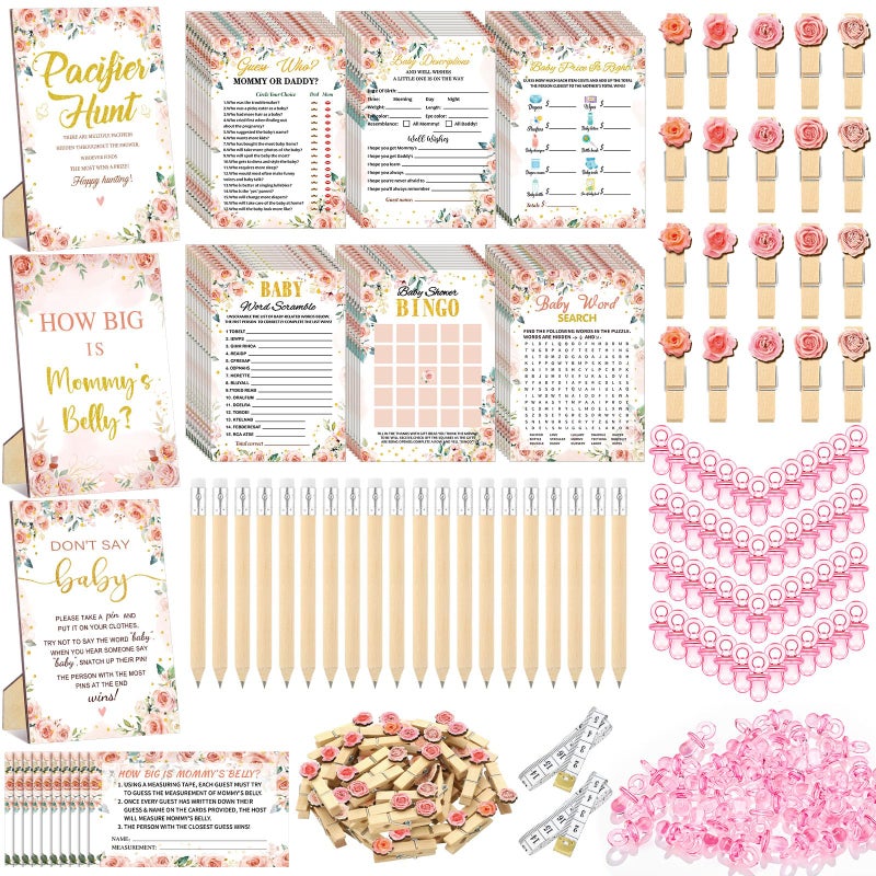 Sherr 476 Floral Baby Shower Games 6 Sets Activities Floral Card Pacifier Hunt Game 50 Pacifier How Big Is Mommy Belly Sign 50 Guessing Card 2 Measuring Tape Don't Say Baby Sign 50 Clothespin - Image 1