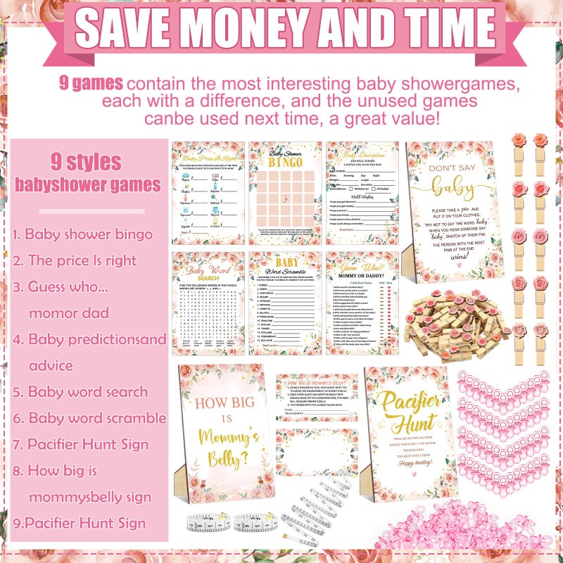 Sherr 476 Floral Baby Shower Games 6 Sets Activities Floral Card Pacifier Hunt Game 50 Pacifier How Big Is Mommy Belly Sign 50 Guessing Card 2 Measuring Tape Don't Say Baby Sign 50 Clothespin - Image 4