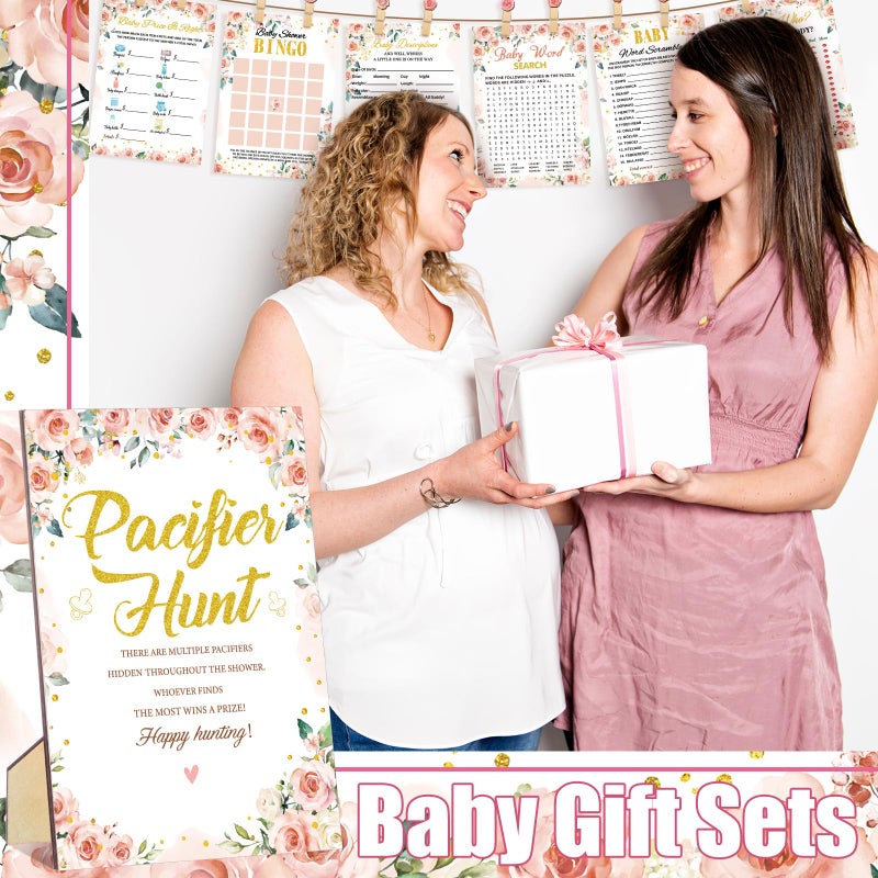 Sherr 476 Floral Baby Shower Games 6 Sets Activities Floral Card Pacifier Hunt Game 50 Pacifier How Big Is Mommy Belly Sign 50 Guessing Card 2 Measuring Tape Don't Say Baby Sign 50 Clothespin - Image 5