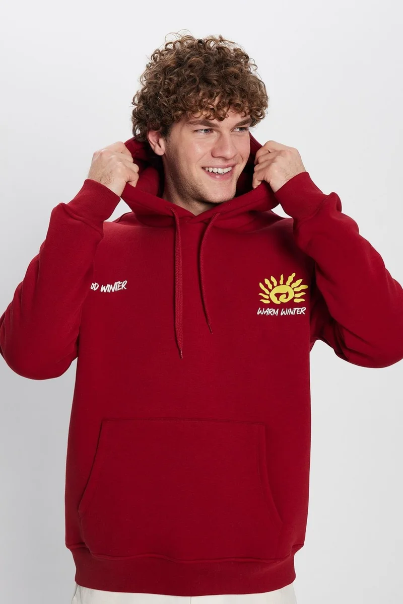 Tudors Oversize Wide Cut Cotton Soft Textured Fleece Inside Printed Burgundy Hooded Sweatshirt