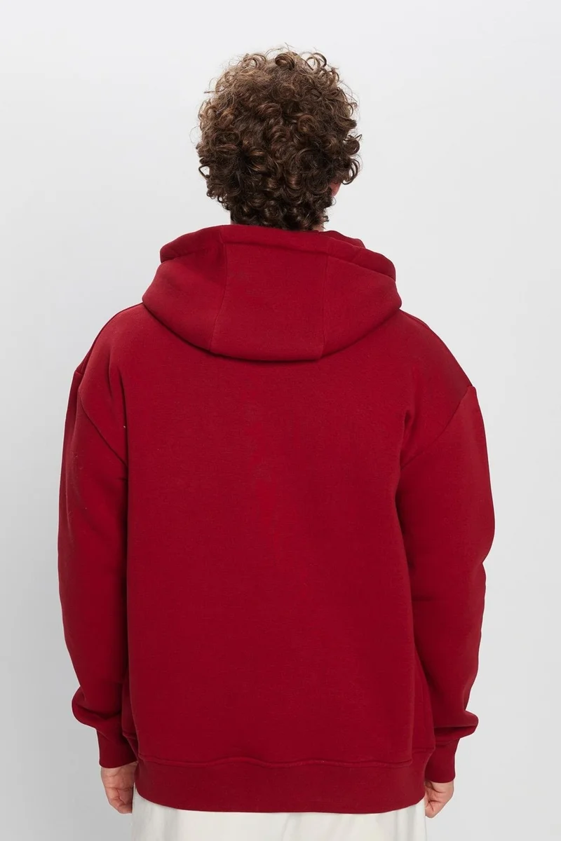 Tudors Oversize Wide Cut Cotton Soft Textured Fleece Inside Printed Burgundy Hooded Sweatshirt