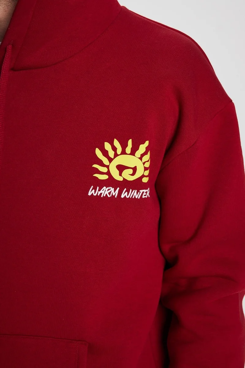 Tudors Oversize Wide Cut Cotton Soft Textured Fleece Inside Printed Burgundy Hooded Sweatshirt