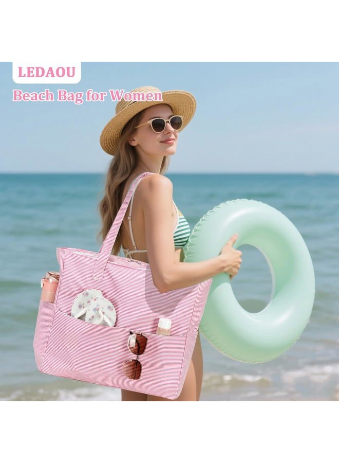 LEDAOU Large Beach Tote Bag Women Waterproof Sandproof Zipper Beach Tote Bag for Pool Gym Grocery Travel with Wet Pocket - Image 2