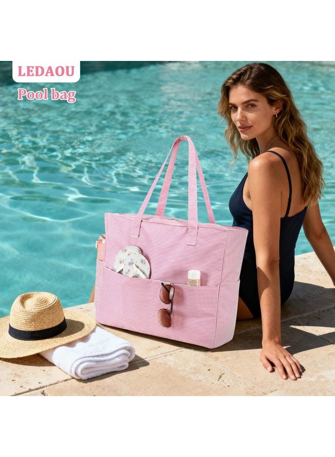 LEDAOU Large Beach Tote Bag Women Waterproof Sandproof Zipper Beach Tote Bag for Pool Gym Grocery Travel with Wet Pocket - Image 5
