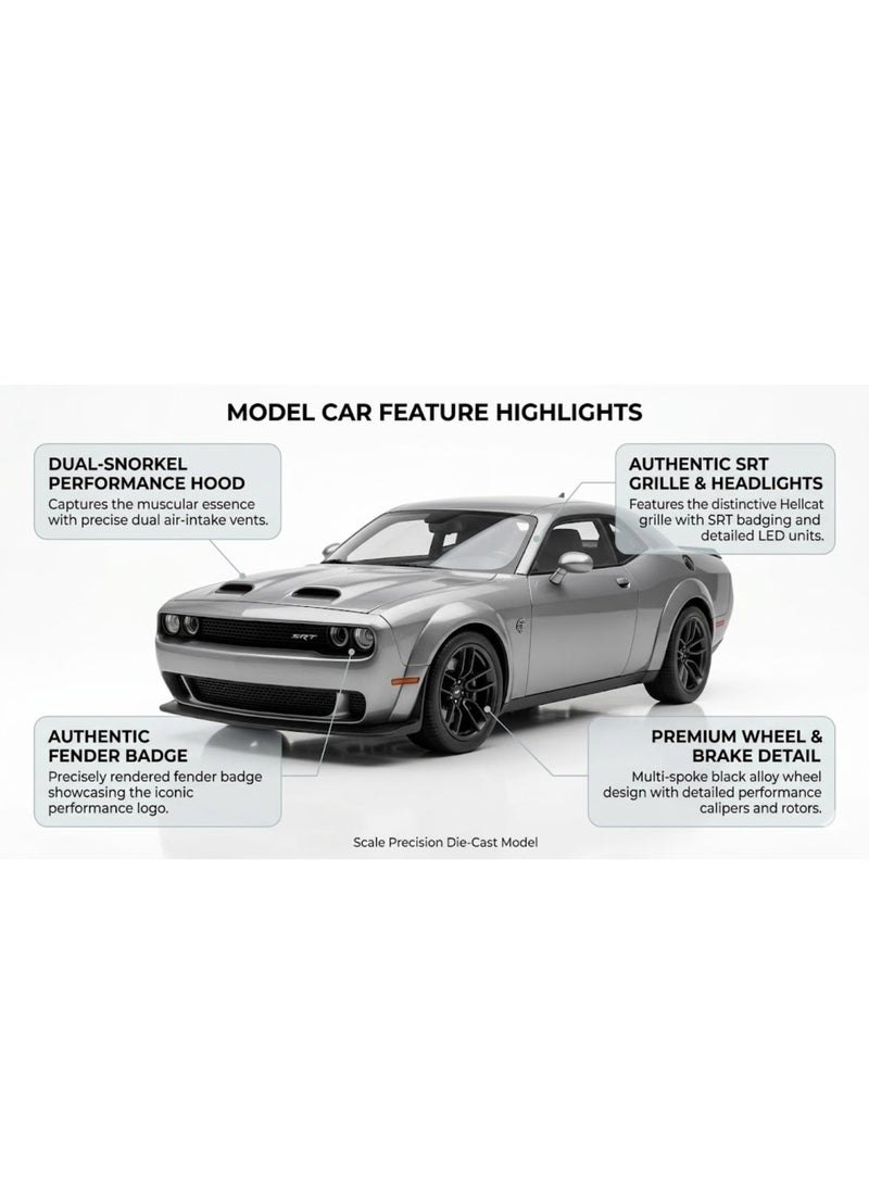 دودج Premium 1:24 Dodge Challenger  Hellcat Diecast Model Car 01 Pcs Assorted - Pull-Back Toy Vehicle with Lights, Sounds, Openable Doors & Foldable Mirrors - Image 3