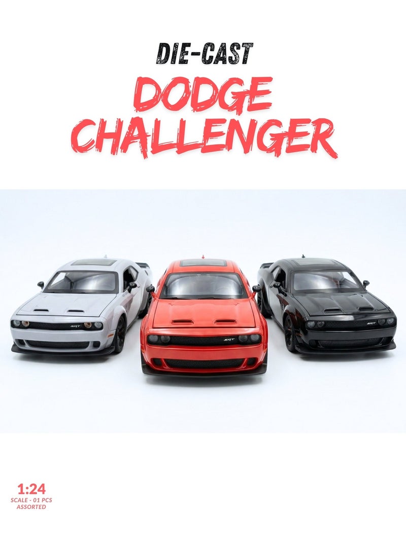 دودج Premium 1:24 Dodge Challenger  Hellcat Diecast Model Car 01 Pcs Assorted - Pull-Back Toy Vehicle with Lights, Sounds, Openable Doors & Foldable Mirrors - Image 4