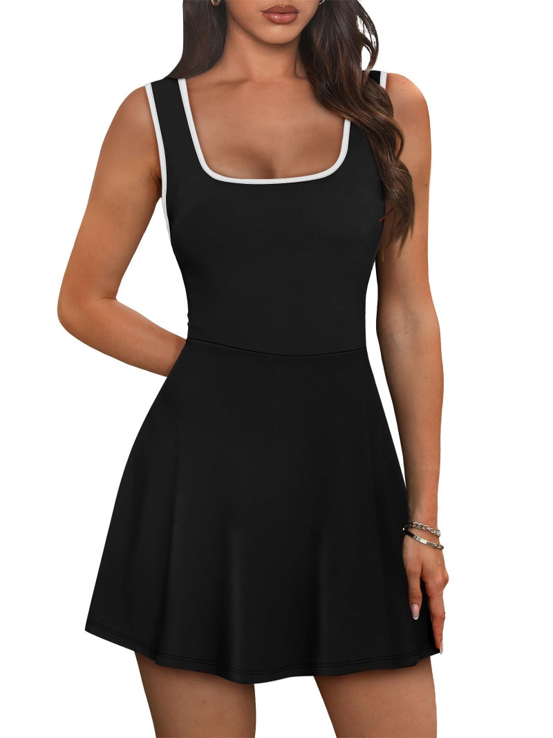 NIASHOT Athletic Dress for Women Summer Tennis Golf Bodycon Mini Dresses Shorts Underneath Workout Outfits Spring Skort Graduation Romper Travel Vacation Sleeveless Pocket Active Wear Black M - Image 1
