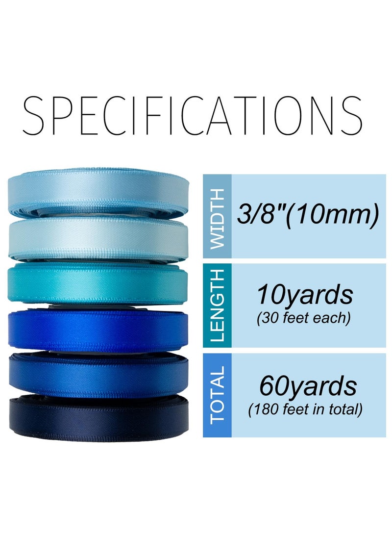 Bukela 6pcs Blue Satin Ribbon 3/8 Inch 60Yds Navy Blue Royal Blue Light Blue Ribbon Assorted Solid Color Thin Double Faced Satin Ribbon for Flower Bouquet Wedding Invitation Crafts Gift Wrapping Hair Bows - Image 2