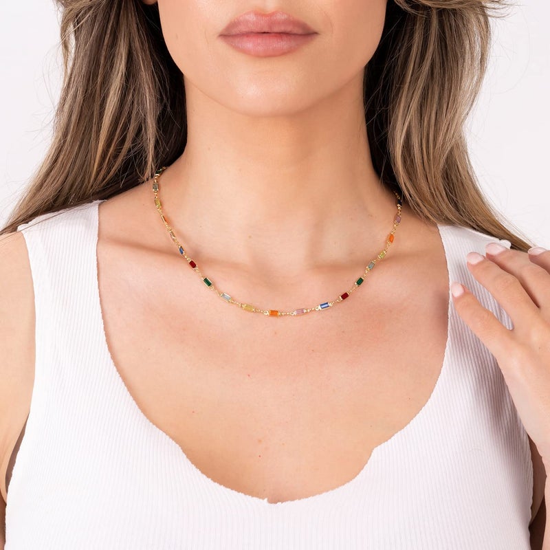 Barzel 18K Gold Plated Multi Stone Crystal Baguette Necklace for Women - Made In Brazil - Image 2