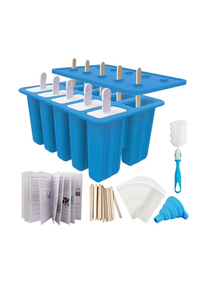 Homemade Popsicle Molds Shapes, 10PCS Silicone Ice Pop Maker Non-BPA, with 50 Sticks, 50 Bags, 10 Reusable Sticks, Funnel, Brush and Ice Pop Recipes - Image 1