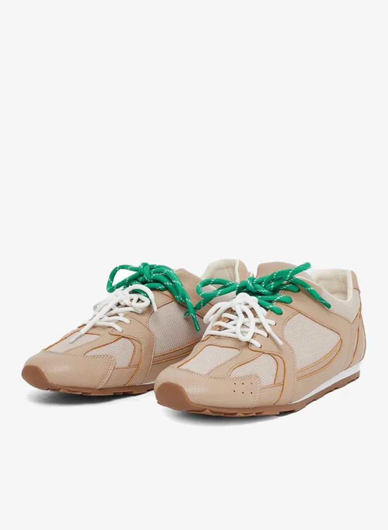 Styli Active Beige Beige Panelled Lace Up Sneakers for Women | Best Price UAE