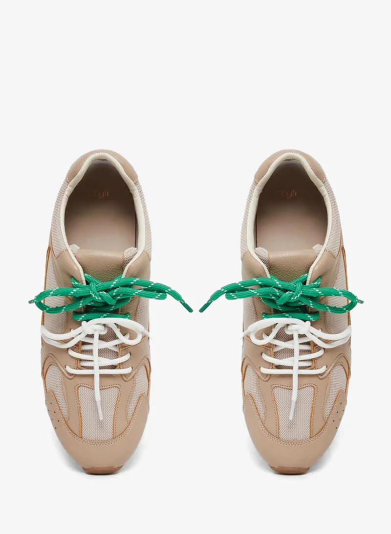 Styli Active Beige Beige Panelled Lace Up Sneakers for Women | Best Price UAE